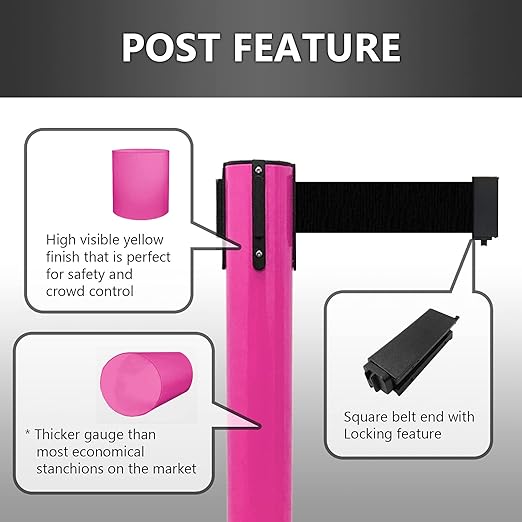 VIP Crowd Control Retractable Belt Stanchion Queue Safety Barrier Set, 36" Ht, 78" Belt (2 M.Pink Posts Pink Belt)