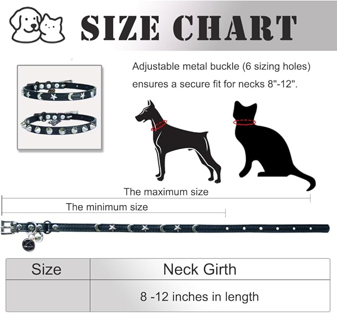 2 Pack Leather Cat Collar Breakaway with Bells and Pendant Adjustable Spiked Kitten Collar for Boy Cats Gothic Studded Cat Collar Moon and Star Black 8”-12”