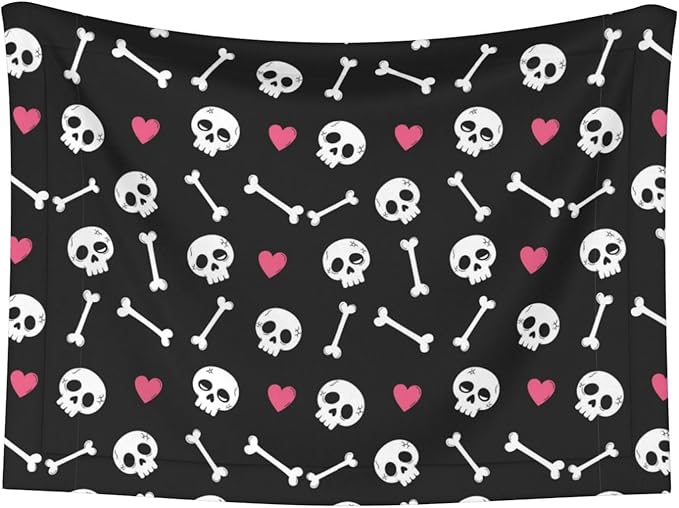 Reversible Plush Dot Pet Blanket for Dogs and Cats, Cartoon Skulls with Hearts On Black, Ultra Soft Two Sided Design with Warm Fuzzy Side and Smooth Side for Comfort