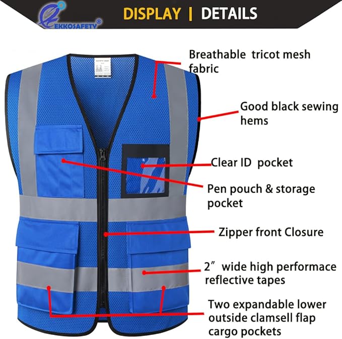 Hi Vis Reflective Safety Vest for Men Women Mesh High Visibility Vest with Pockets,Meets ANSI/ISEA Standards(EK170-Mesh-Blue-L)