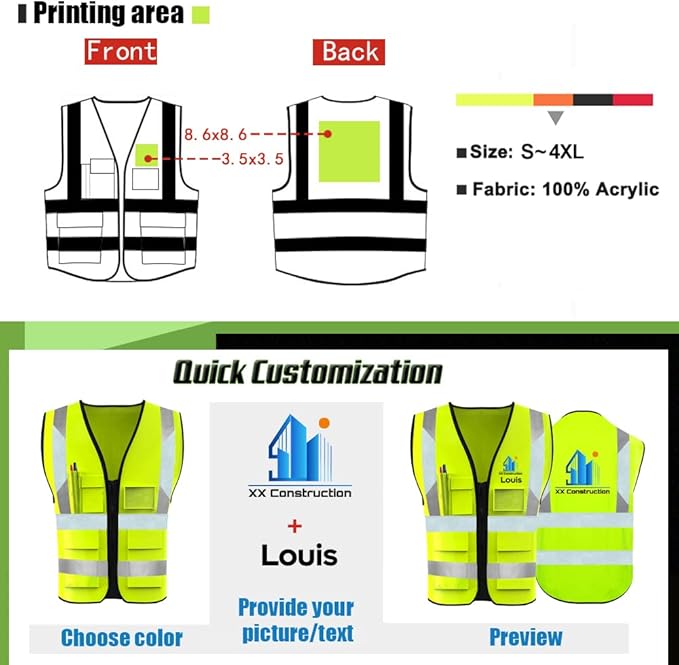 YOWESHOP High Visibility Safety Vest Custom Your Logo Protective Workwear 5 Pockets With Reflective Strips Outdoor Work Vest (4XL, Black Luminous)