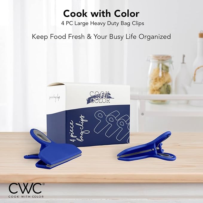 COOK WITH COLOR Bag Clips - Heavy Duty Chip Clip and Refrigerator Magnet Clips for Food Storage with Air Tight Seal Grip, Blue, Pack of 4 Large Clips