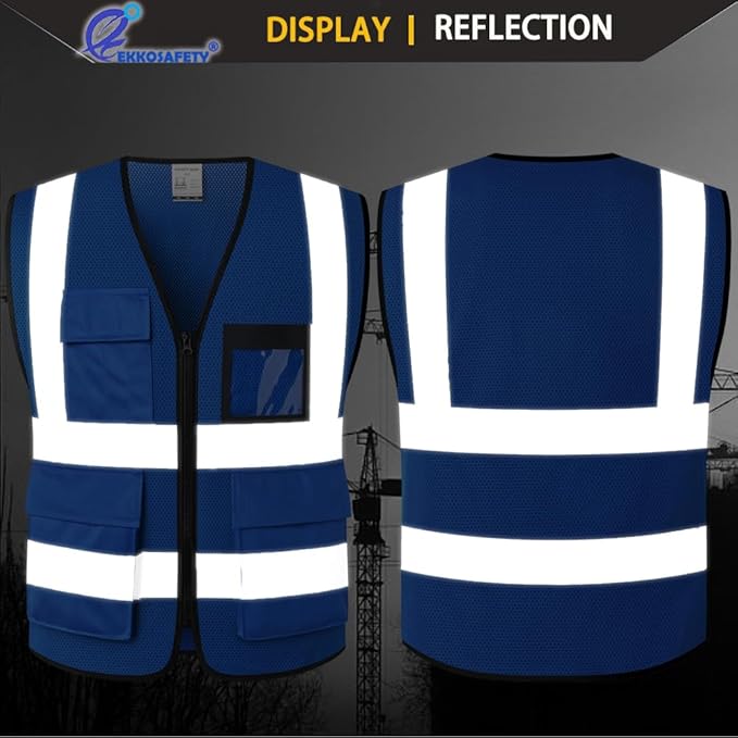 Hi Vis Reflective Safety Vest for Men Women Mesh High Visibility Vest with Pockets,Meets ANSI/ISEA Standards(EK170-Mesh-Blue-L)
