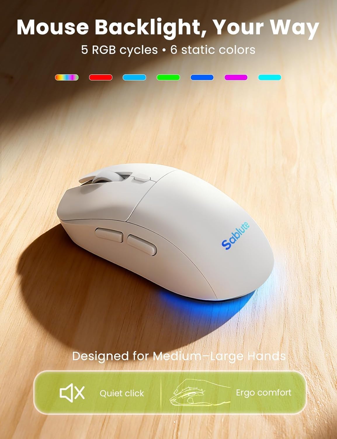 SABLUTE White Wireless Keyboard and Mouse Combo, Light up Ergonomic Keyboard Set, 2.4G Full Size Ergo Wave Key Board with Cushioned Plam Rest, Silent Mouse, for Computer/Laptop/Windows/Mac