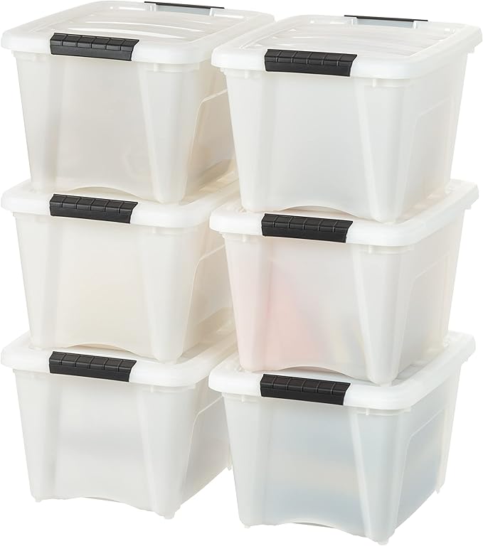 IRIS USA 19 Qt Stackable Plastic Storage Bins with Lids, 6 Pack - BPA-Free, Made in USA - Discreet Organizing Solution, Latches, Durable Nestable Containers, Secure Pull Handle - Pearl