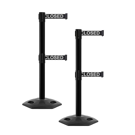CCW Series WBB-200D - Set of 2 Retractable Dual Belt Barrier Stanchion, Heavy Duty Rubber Base, Black Post (7.5 Foot Belt, Black with"This LINE Closed" White Letters Belt)