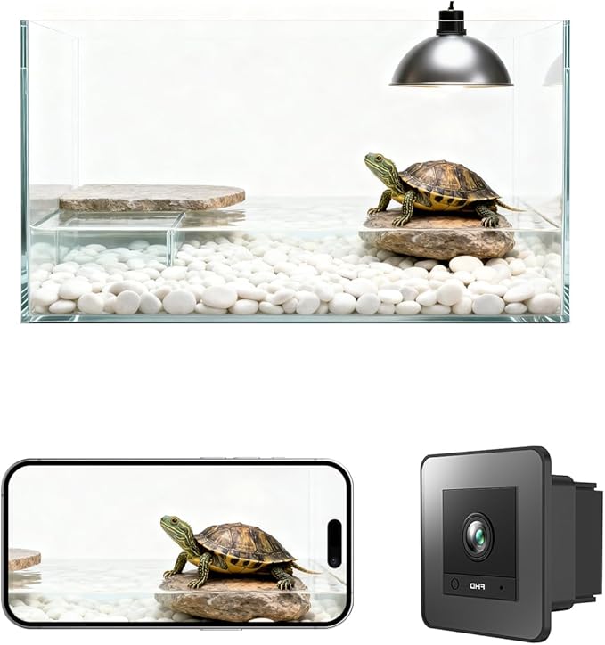 2K HD Turtle Terrarium & Tank WiFi Camera, 140° Wide-Angle Anti-Glare Lens, Night Vision, Two-Way Audio, AI Motion Alerts, 24/7 Recording, Easy Stick-On Install for Pet Turtles