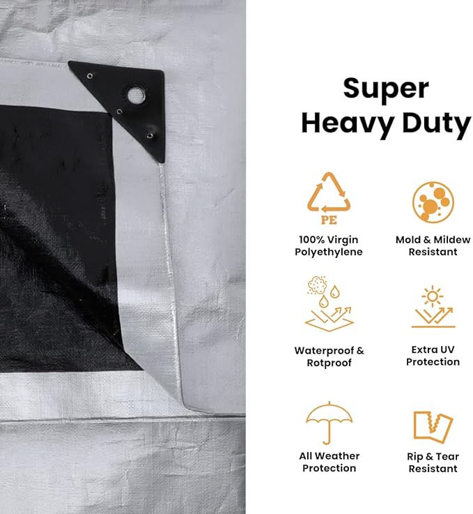 WHITEDUCK Super Heavy Duty Poly Tarp Cover 16 Mil & 10 Mil with Grommets and Reinforced Edges (Brown, White & Silver Black) (Silver Black- 16 Mil, 8' x 10')
