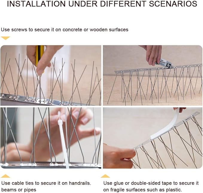 OFFO Bird Spikes with Stainless Steel Base, Durable Bird Spikes Arrow Pigeon Spikes Fence Kit for Keeping Small Bird, Crows and Woodpeckers Away, Covers 17 Feet(5.2m)