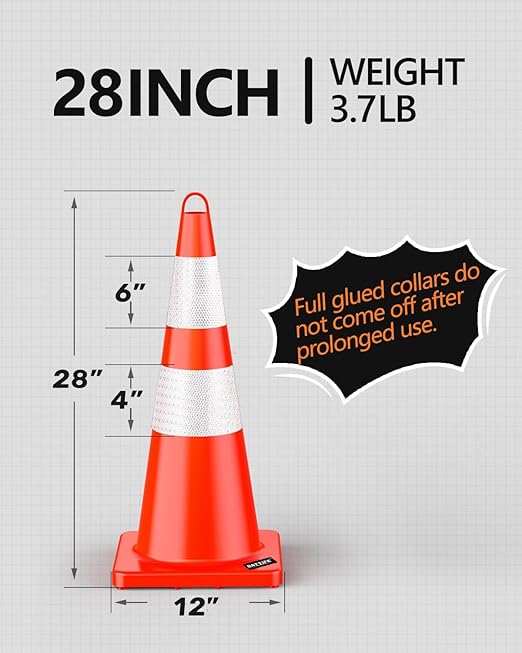 BATTIFE 24 Pack Traffic Safety Cones 28 Inches with Reflective Collars, PVC Orange Construction Cone for Traffic Control, Driveway Road Parking