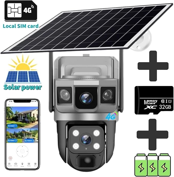 for Outdoor Camera Battery CCTV Monitor 4G SIM Card Network IP Security Pet Camera Motion Detection 3 Screen PTZ Camera(4G CCTV 32G Card)