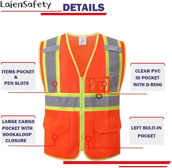 Reflective Safety Vest for Men Women with Multiple Pockets Class 2 High Visibility Mesh Vest Hi Vis Construction Work Vest,Meets ANSI/ISEA Standards(EK1-178-Orange-XL)