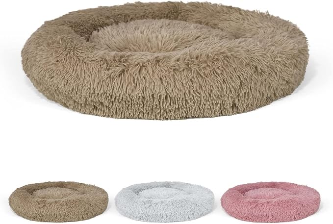 24/30 Inch Calming Donut Pet Bed for Small/Medium Cats and Dogs, Anti-Slip Bottom, Washable, Anti-Anxiety Fluffy Round Cat Bed, Indoor Shaggy Cuddler Cotton Candy Brown, Light Gray, Pink Bed