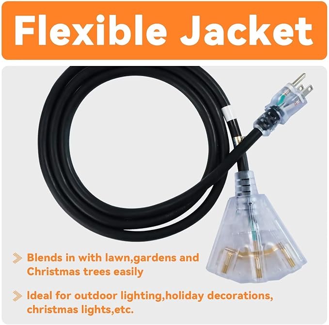 EP 25 Ft 12 Gauge Heavy Duty Extension Cord, 15A 125V 1875W, 3 Outlet Indoor/Outdoor Power Cord with Lighted End, 12/3 SJTW Weatherproof Black, UL Listed