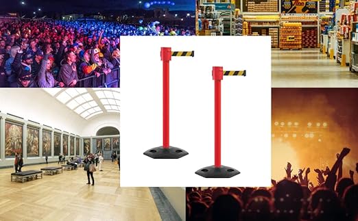 Montour Line MSR760 Set of 2 Retractable Belt Barrier Stanchion, Rubber Base, Red Post (35 ft Yellow with "Cleaning in Progress" Black Letters Belt)