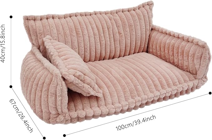 Pet Couch Bed for Dog and Cat, Plush Calming Couch for Pets with Removable Washable Cover, Modern Sofa Style Pet Bed for Home Living Room (Pink)