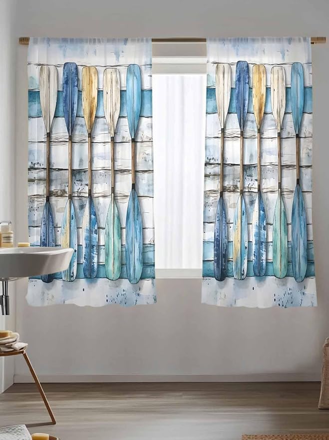 Sheer Curtains 63 Inch Length, Lake Paddle Striped Semi Sheer Curtains Light