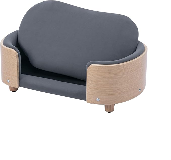 Scandinavian Style Elevated Dog Bed Pet Sofa with Solid Wood Legs and Bent Wood Back, Velvet Cushion, Small Size, Natural Frame & Dark Grey Cushion