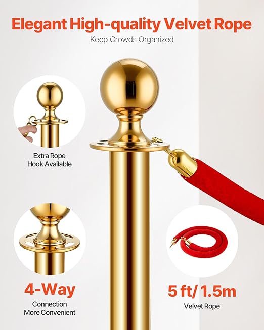 VEVOR Stanchions and Velvet Ropes 6Pcs, Hollow Base with Stainless Steel Post, 4 Red Velvet Ropes and Posts, Crowd Control Barriers Gold Stanchions, Red Carpet Runner Poles for Party Supplies