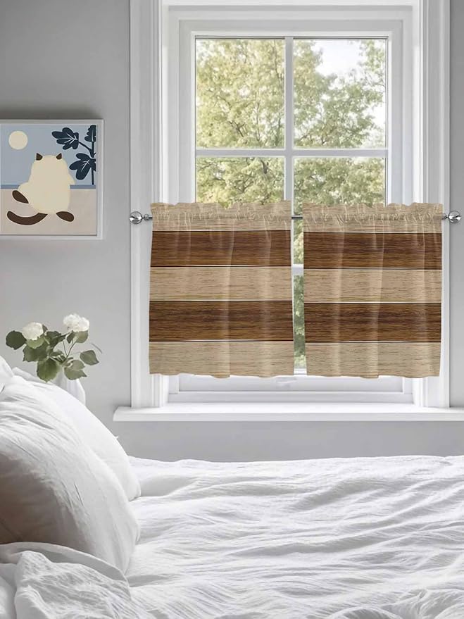 Retro Country Brown Wooden Board Window Valance Curtains, Farmhouse Gradient