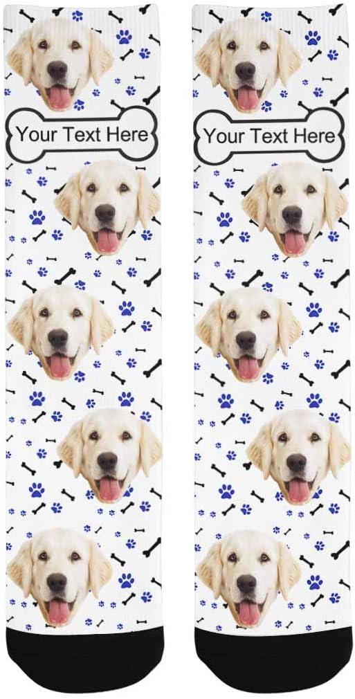 MyPupSocks Custom Personalized Photo Pet Face Socks, Cat and Dog Tracks Paws Bones Crew Socks with Picture for Men Women