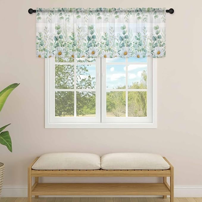 Eucalyptus Leaves Daisy Sheer Valance Curtains, Summer Farmhouses Gray Plaid