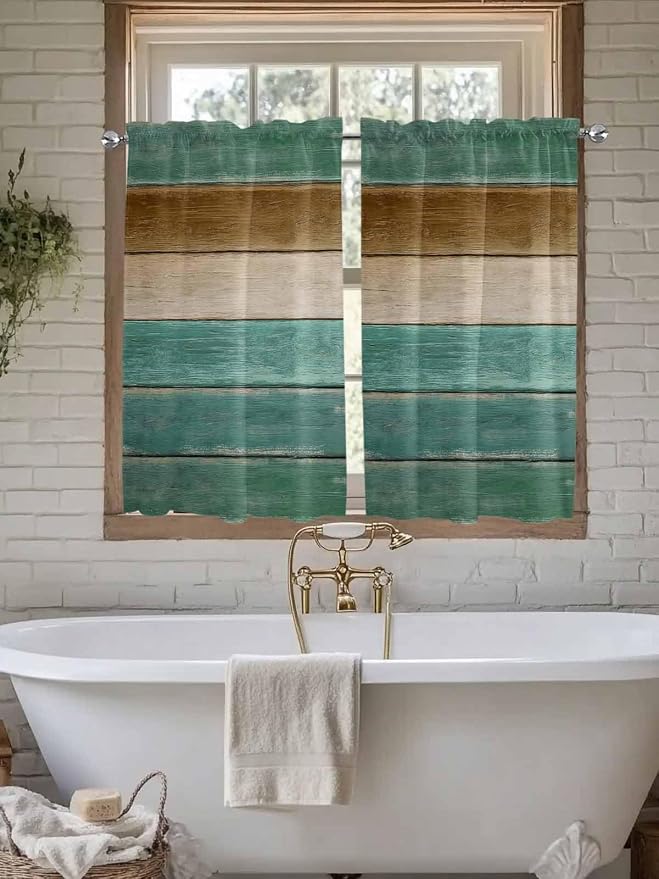 Vintage Plank Turquoise Brown Window Valance Curtains, Farmhouse Wood Grain
