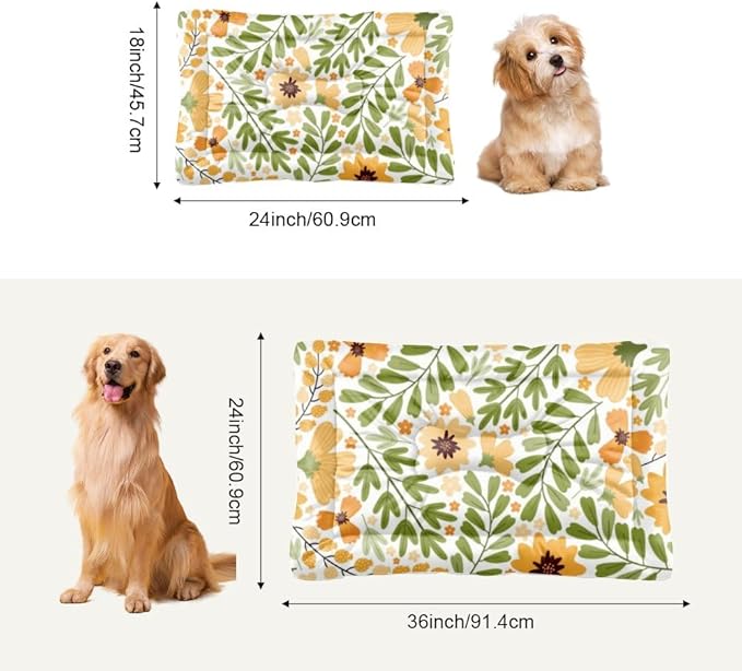 Natural Yellow Floral Green Dog Bed Furniture Crate Mat for Dogs Dog Bed Crate Pad Washable for Washable Non-Slip Cage Small Size Dogbed Mat Cushions Indoor Outdoor 36X24 Inch