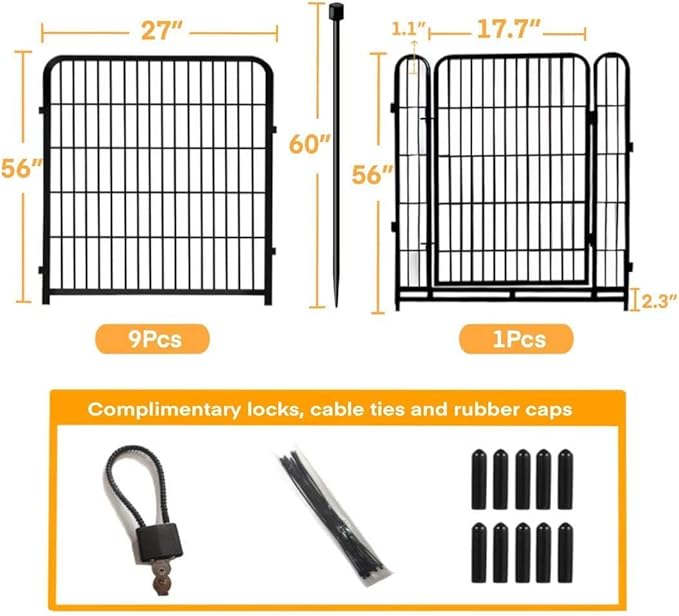 56in(H) Garden Fence, 10 Panels Total 22.1 Ft(L), Garden Fence with Low Threshold Gate, Anti Dig Fence Barrier, Fencing for Garden Beds, Black Metal Decorative Garden Fencing