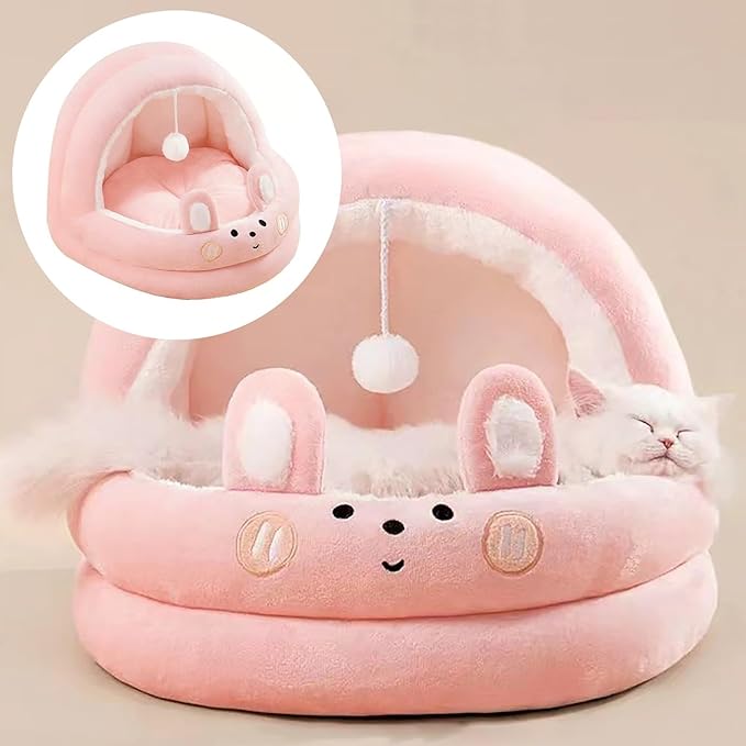 Cat Bed for Indoor Cats, Dog Bed with Anti-Slip Bottom, Rabbit-Shaped Cat/Small Dog Cave with Hanging Toy, Puppy Beds with Removable Cotton Pad, Super Soft Calming Pet Sofa Bed (Pink, Large)