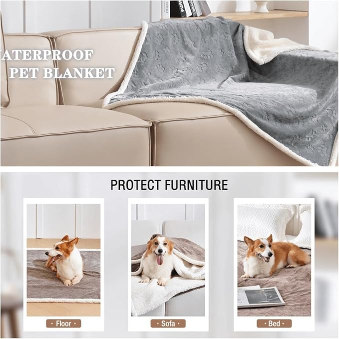 Waterproof Dog Blanket, 60" x 40" Washable Sherpa Fleece Cat Blanket,Pet Puppy Blanket Sofa Bed Furniture Protector,Reversible Soft Plush Blanket for Medium Large Dog (40" x 28")