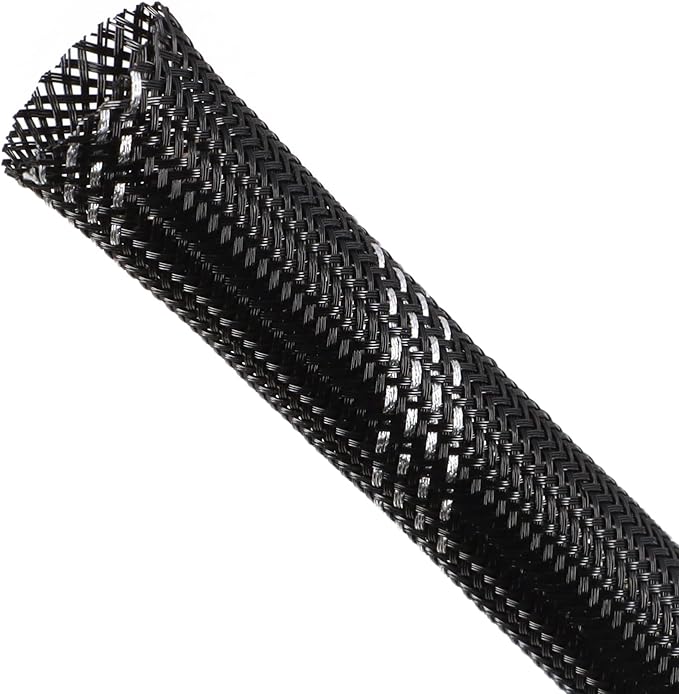 Braided Cable Sleeving, PET Expandable Braided Cable Sleeve, Flexible Mesh Sleeving Cord Management for Audio Video and Other Home Device, Cord Protector from Pets (Black Silver, 1/2" x 25ft)