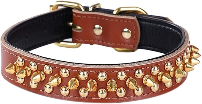 Spiked Studded Dog Collar, Genuine Leather Dog Collar, Adjustable Pet Collars for Medium Large Bulldog Pitbull Mastiff Poodle Boxer (M:29-38cm, Brown)