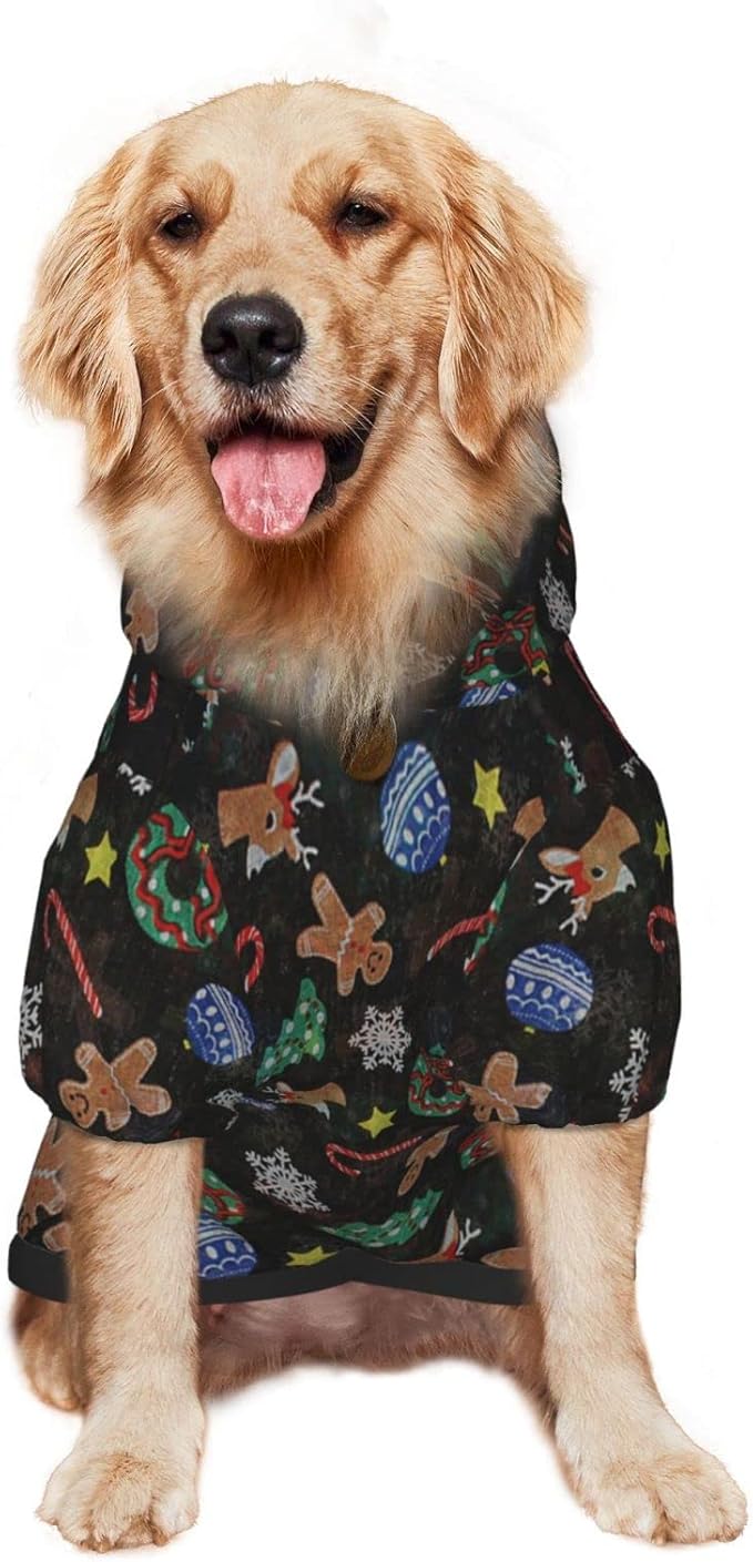 Xmas Tree Reindeer Ginger Cookie Hoodie,Christmas Cosplay Dog Clothes with Pocket and Hat Winter Clothes Sweaters X-Large