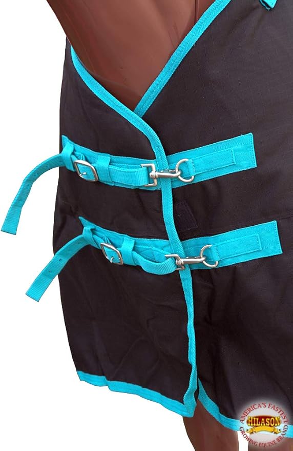 HILASON Black with Turquoise Trims 72 inch 1200D Winter Waterproof Poly Horse Turnout Blanket Belly Wrap