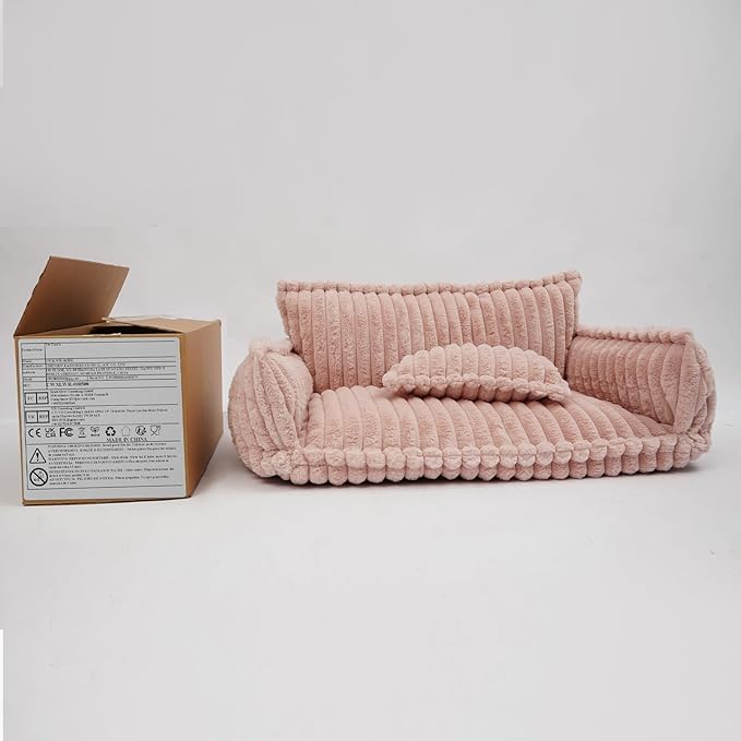 Pet Couch Bed for Dog and Cat, Plush Calming Couch for Pets with Removable Washable Cover, Modern Sofa Style Pet Bed for Home Living Room (Pink)