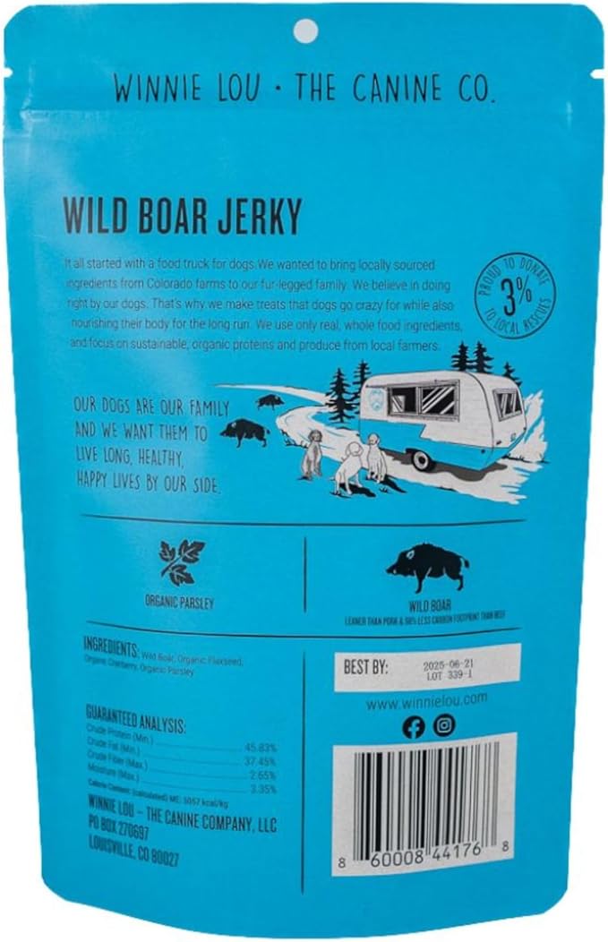 Winnie Lou Wild Boar Jerky Dog Treats – Limited Ingredient, Human Grade, Training Treats for Small, Medium & Large Dogs, USA Made, High Protein, Chews, Hypoallergenic, Sensative Stomach (1 Pack)