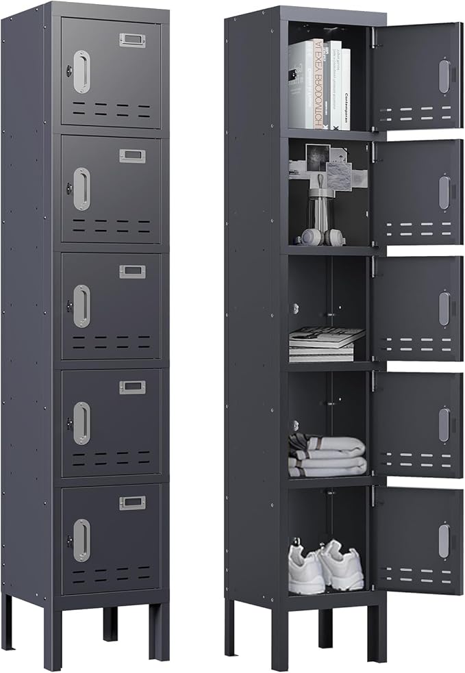 Metal Lockers - 66" Height Steel Lockers for Employees with 5 Door Storage Locker with Card Slot for Employees Gym School Home Office Garage - Assembly Required
