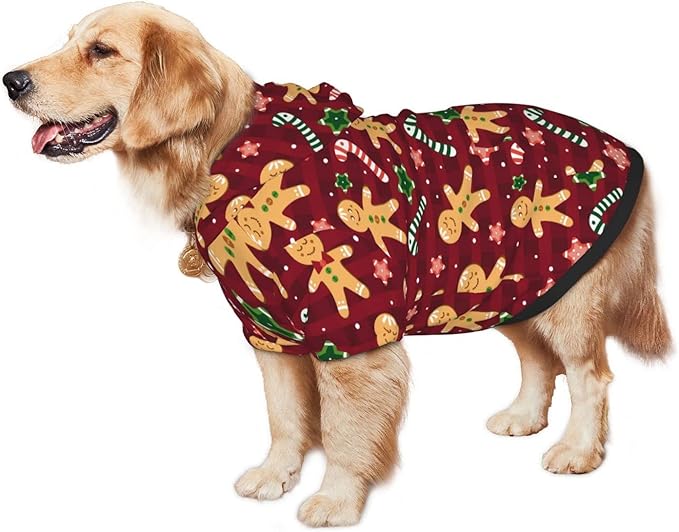 Christmas with Gingerbread Men, Candies Hoodie,Christmas Cosplay Dog Clothes with Pocket and Hat Winter Clothes Sweaters X-Large