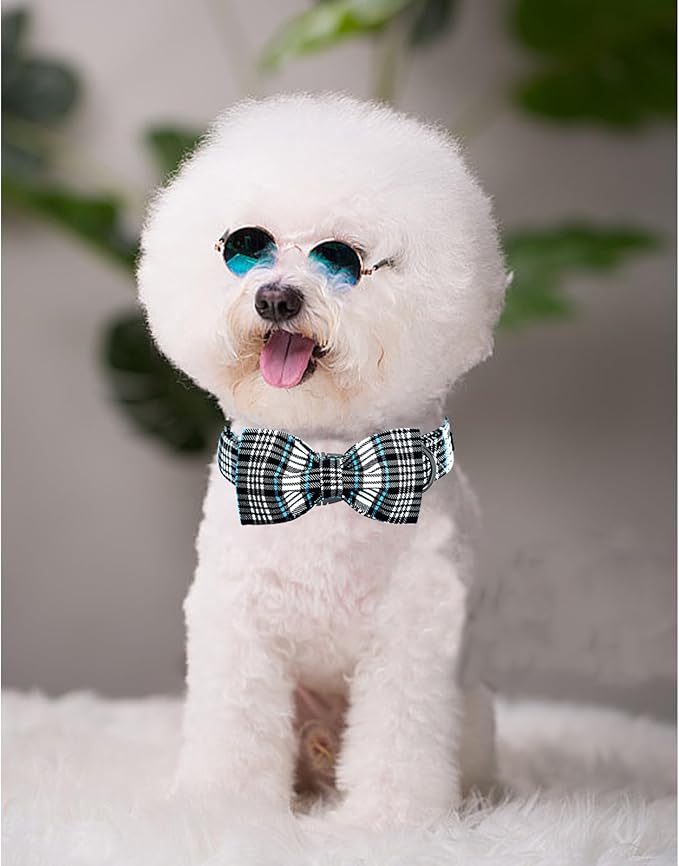 Lionheart glory Dog Bow Collar Blue and Black Plaid Dog Collar for Large Dogs,Boy Dog Collars with Bowtie Spring Summer Collars Soft Adjustable Pet Collar Bows