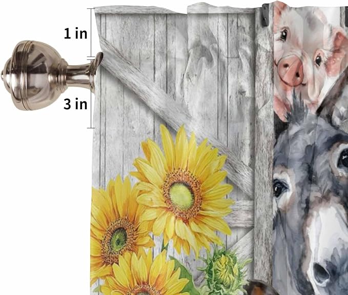 Farmhouse Half Window Curtains 24 Inches Long, Watercolor Sunflowers Animals