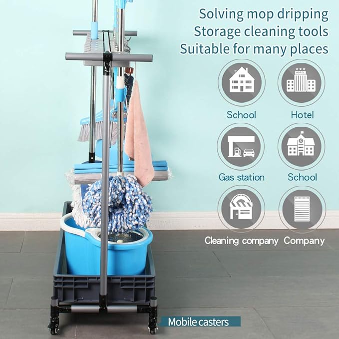 broom and mop holder put wet mops movable Commercial mop rack cleaning tool cart storage for garden garage organizer mop drain rack