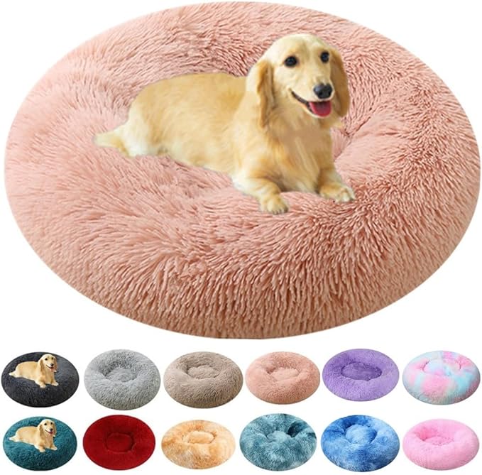 Large Calming Dog Bed, 47 Inch Anti-Anxiety Donut Dog Cuddler Cat Bed, Warming Cozy Soft Dogs Round Bed, Fluffy Faux Fur Machine Washable Pet Cushion for Medium Large Dogs & Cats (Pink)