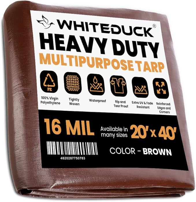 WHITEDUCK 20' x 40' Super Heavy Duty Poly Tarp Thick 16 Mil, Waterproof 100% UV Resistant Rip/Tear Proof Tarp w/Rustproof Grommets & Reinforced Edges (Finished Size: 19'6"x39'6")
