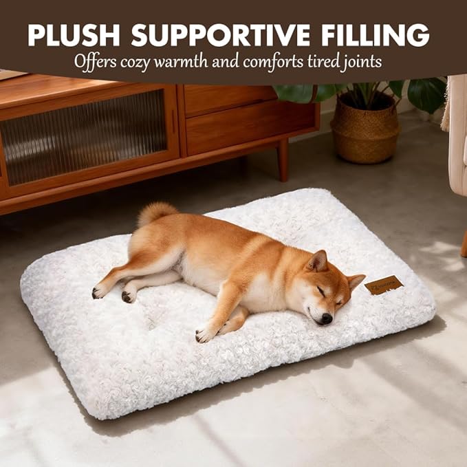 Dog Bed Crate Pad - Rosette Pattern White Velvet Pet Bed Anti-Slip Comfy Kennel Pad for Crates Rosette White M