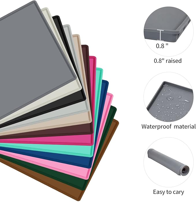 Dog Food Mat,Silicone Waterproof Food Tray,Non Slip Pet Bowl Mats Placemat,0.8" Raised Edge,Suitable for Most Small and Medium Sized Pets,28" x 18"