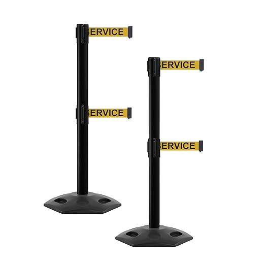 CCW Series WBB-200D - Set of 2 Retractable Dual Belt Barrier Stanchion, Heavy Duty Rubber Base, Black Post (7.5 Foot Belt, Yellow with"Out of Service" Black Letters Belt)