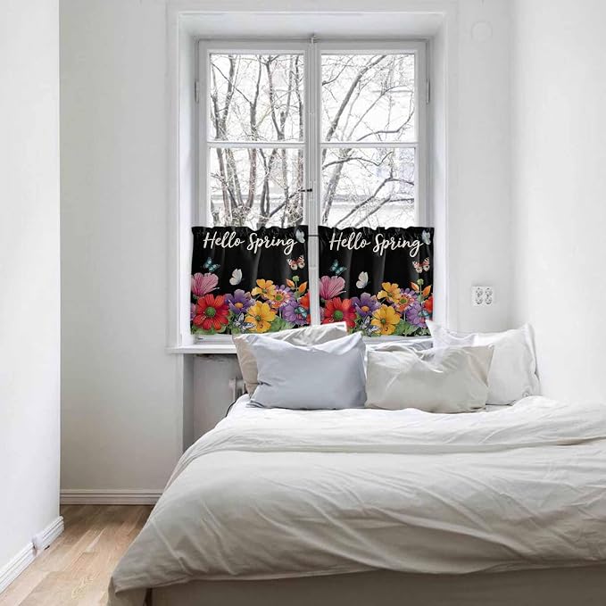 Spring Flowers Half Window Curtains 24 Inches Long, Watercolor Country Colorful