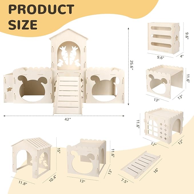 Large Rabbit Castle, Wooden Bunny House & Hay Feeder, Detachable Rabbit Hideaway, Indoor Rabbit Castle with Ramp, Small Animal Houses & Habitats