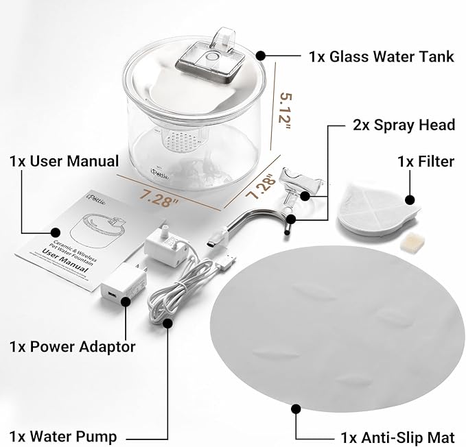 iPettie Glass Cat Water Fountain, Kitty Spout Water Fountain 68oz/2L for Cats Dogs with 2 Spray Heads, 3-Stage Filtration, Automatic Water Dispenser, Glass & Stainless Steel